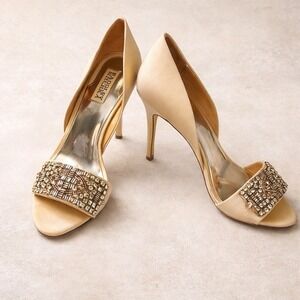 Badgley Mischka Rhinestone Silk Peeptoe Shoes Heels Open Toe Summer Blush 8.5